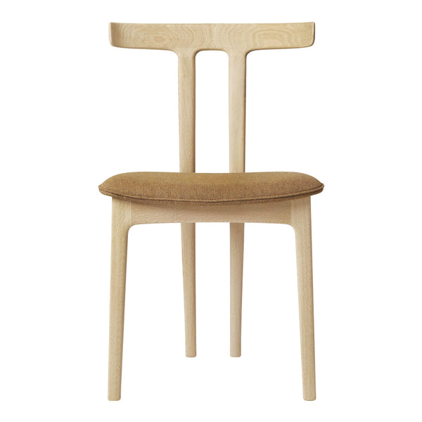 Light wood chair with a minimalist design and a textured brown fabric seat. Modern and stylish.