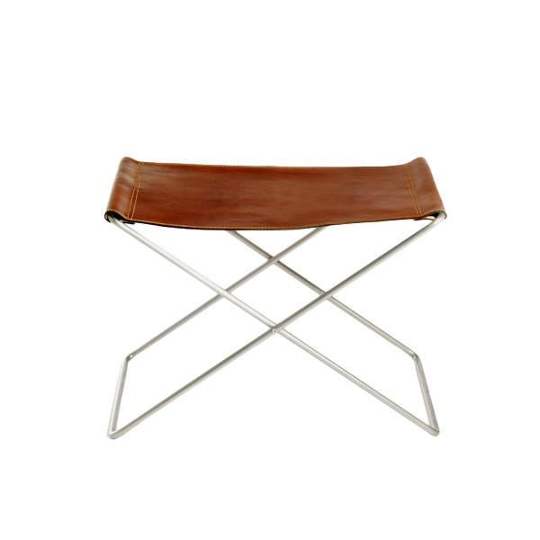 Brown leather stool with a sleek silver frame and minimalist design, adding a modern touch to any space.