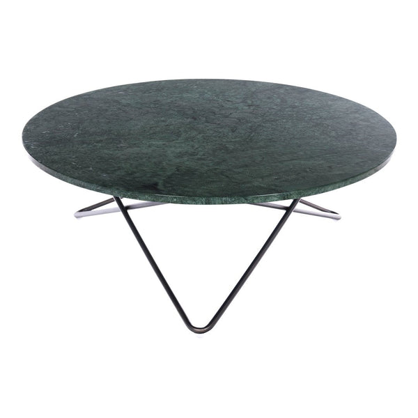 Round green marble coffee table with sleek black metal legs, featuring a smooth, textured surface. Perfect for modern decor.