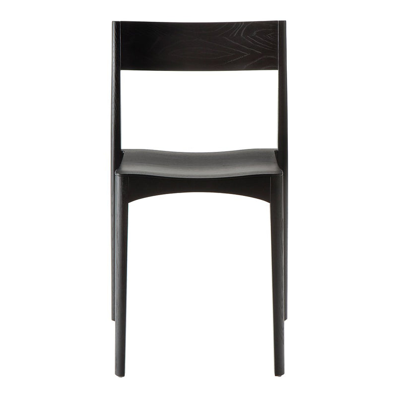 Black wooden chair with a sleek, minimalist design and smooth, gray seat for modern aesthetics.