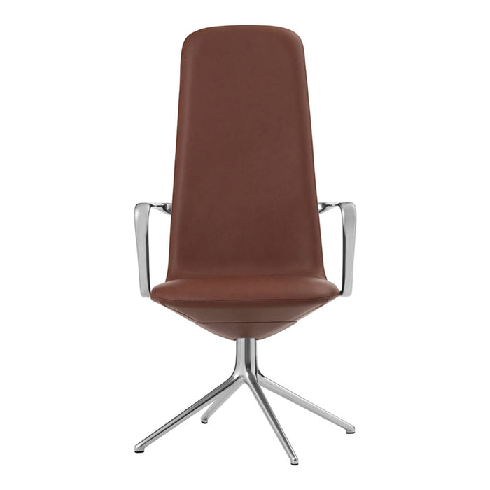 Brown leather high-back chair with sleek chrome arms and base, perfect for modern interiors.