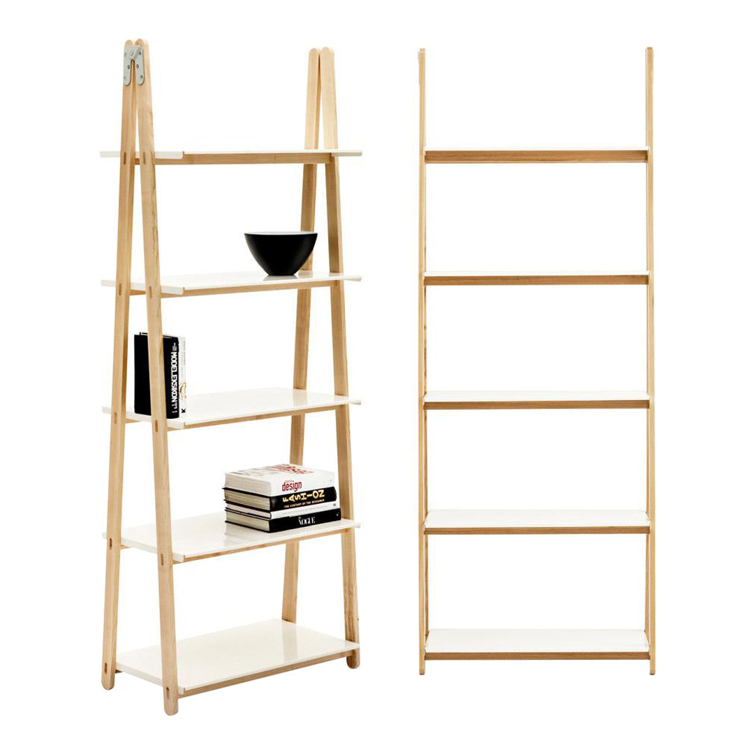 Natural wood finish bookshelf with white shelves and clean, modern lines, perfect for any contemporary decor.