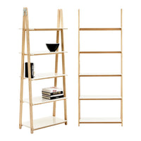 Natural wood finish bookshelf with white shelves and clean, modern lines, perfect for any contemporary decor.
