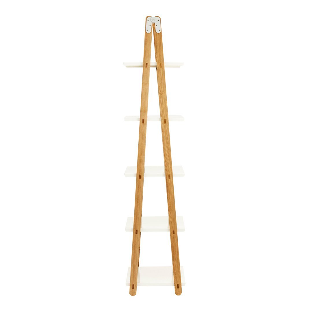 Light wood ladder shelf with four white shelves, featuring a clean, minimalistic design.