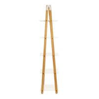 Light wood ladder shelf with four white shelves, featuring a clean, minimalistic design.