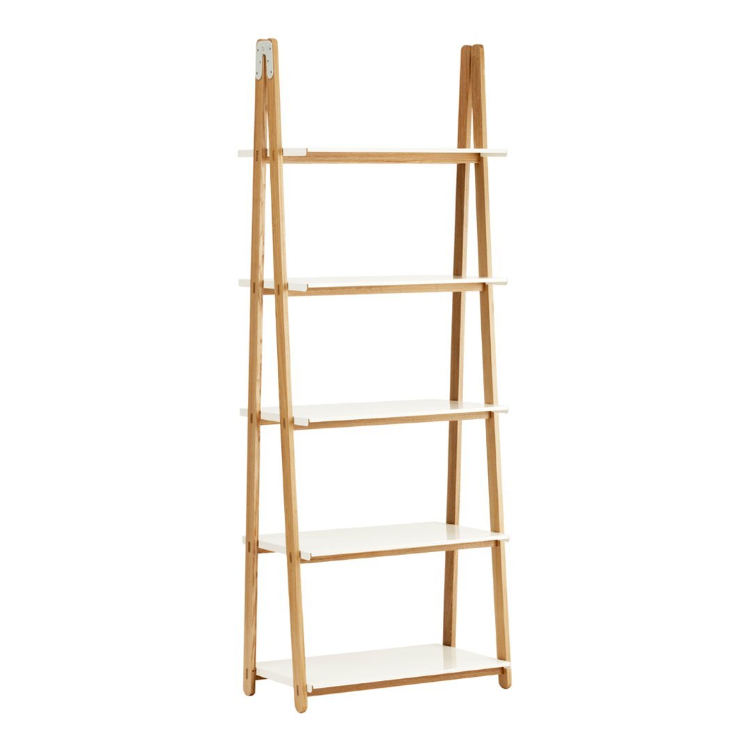 Natural wood finish ladder shelf with white shelves. Sleek, modern design enhances any living space.