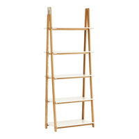 Natural wood finish ladder shelf with white shelves. Sleek, modern design enhances any living space.