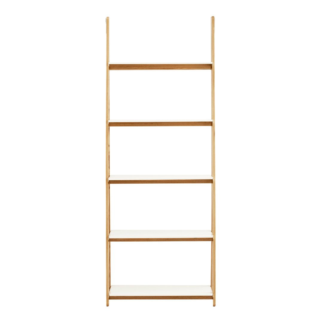 Minimalist wooden bookshelf with natural pine color and clean, white shelves, perfect for modern decor.