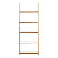 Minimalist wooden bookshelf with natural pine color and clean, white shelves, perfect for modern decor.