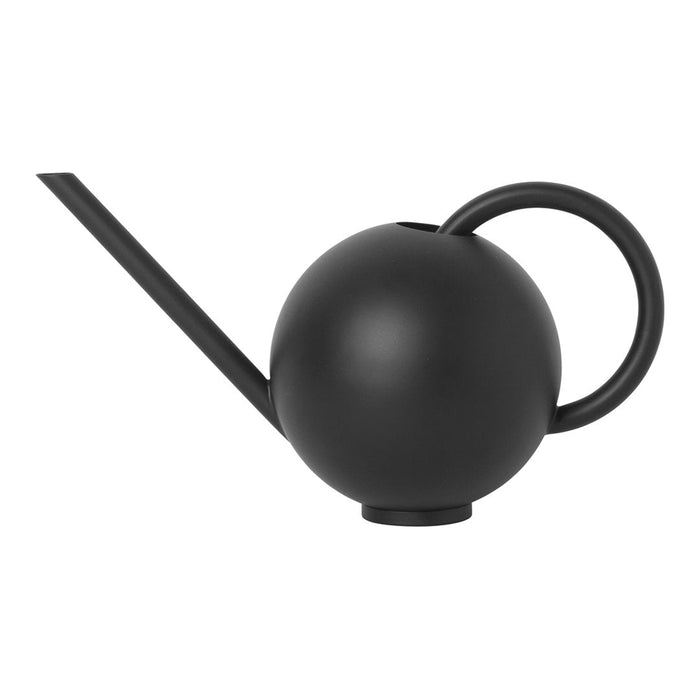 Black matte watering can with a sleek spherical body and elongated spout, featuring a minimalist design.