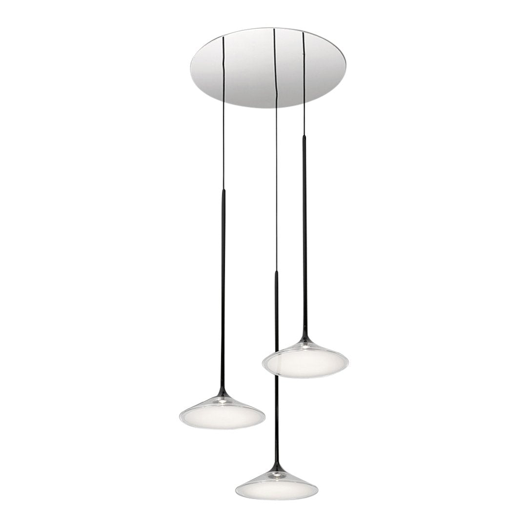 Sleek modern pendant light featuring a polished chrome finish with three white, round shades.