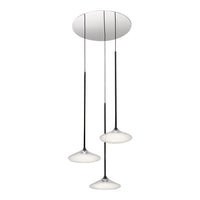 Sleek modern pendant light featuring a polished chrome finish with three white, round shades.