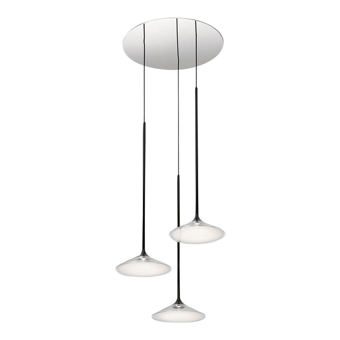 Sleek modern pendant light featuring a polished chrome finish with three white, round shades.