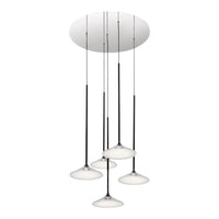 Modern pendant light with sleek chrome finish and five white shades, showcasing a minimalist design.