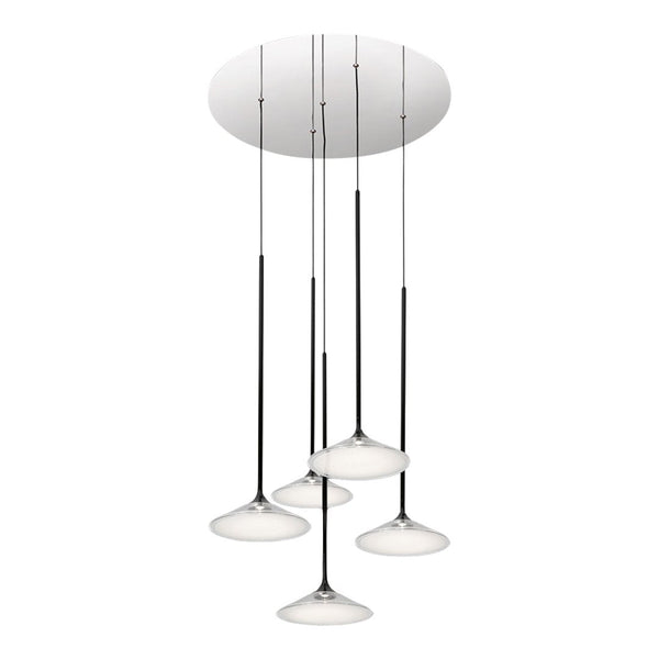 Modern pendant light with sleek chrome finish and five white shades, showcasing a minimalist design.