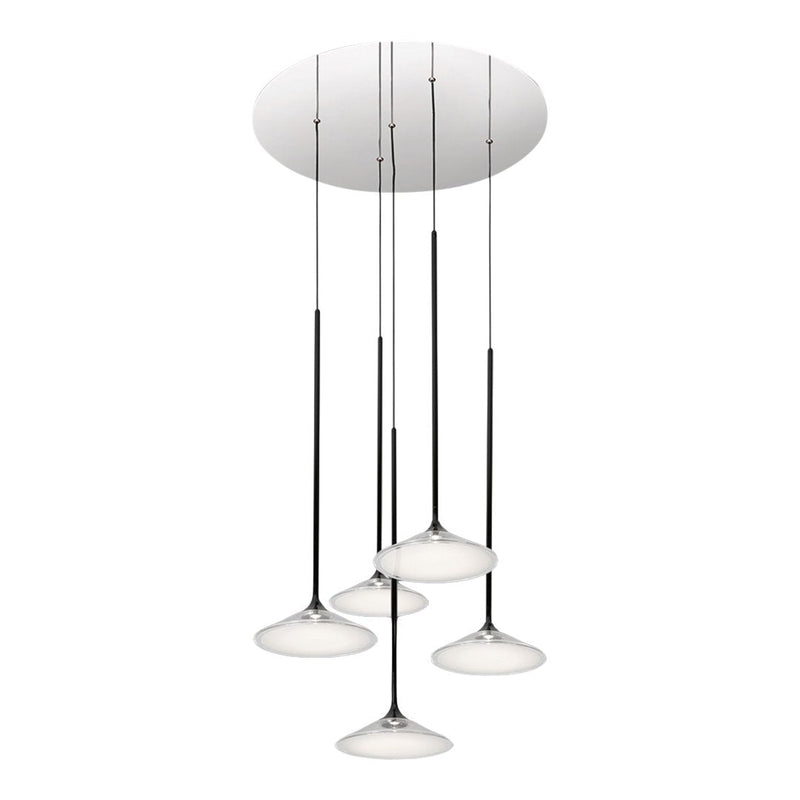 Modern pendant light with sleek chrome finish and five white shades, showcasing a minimalist design.