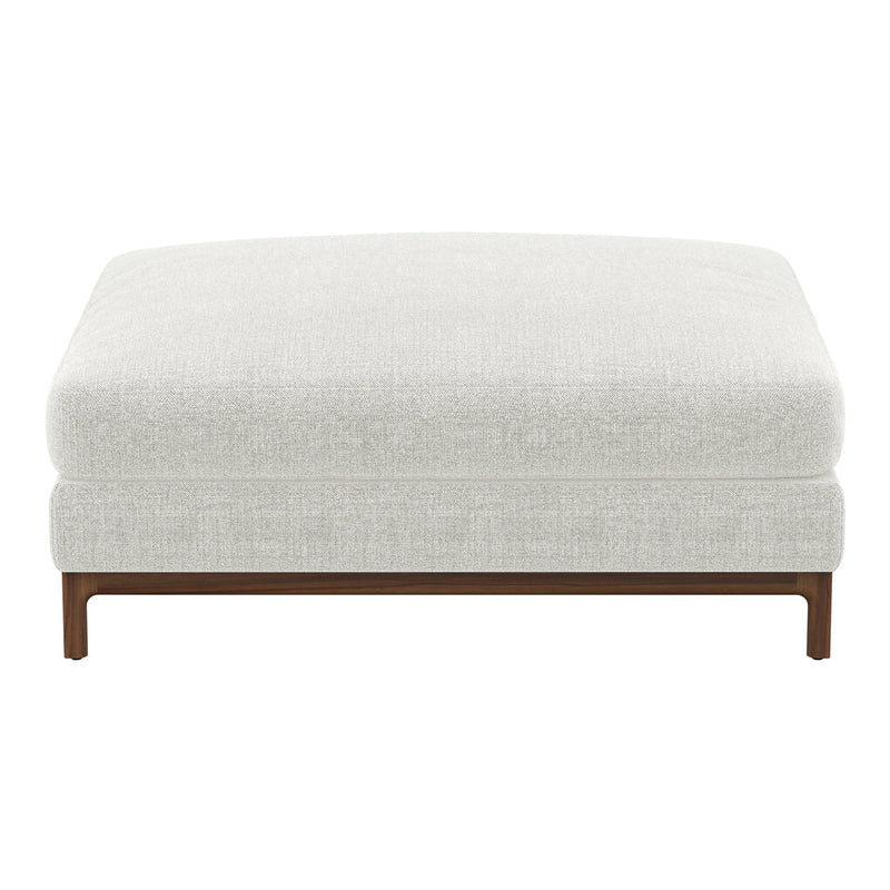 Light gray upholstered ottoman with a smooth, textured finish and a sleek wooden base. Ideal for modern decor.