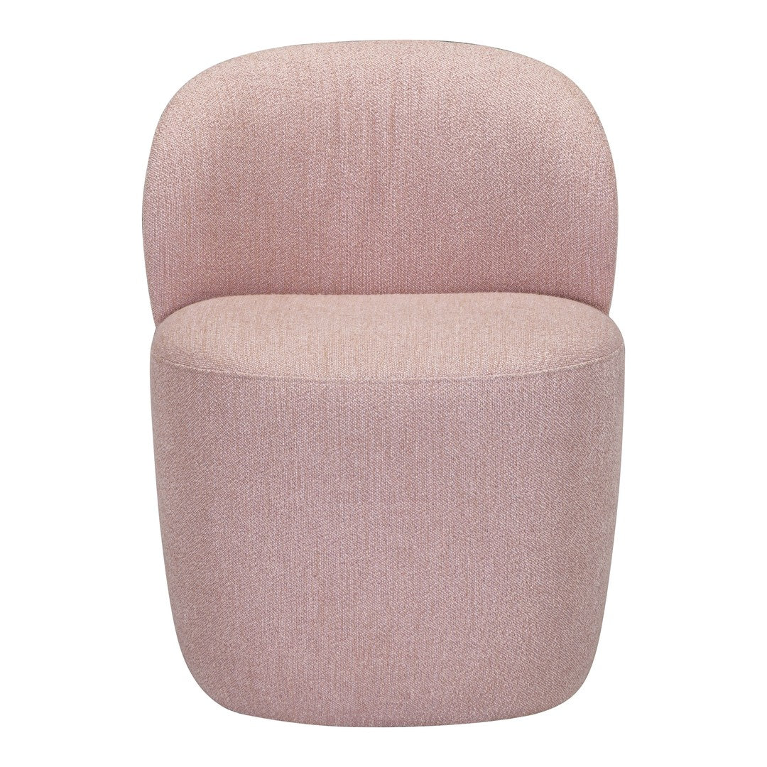 Blush pink textured chair with rounded design and soft upholstery, perfect for modern interiors.