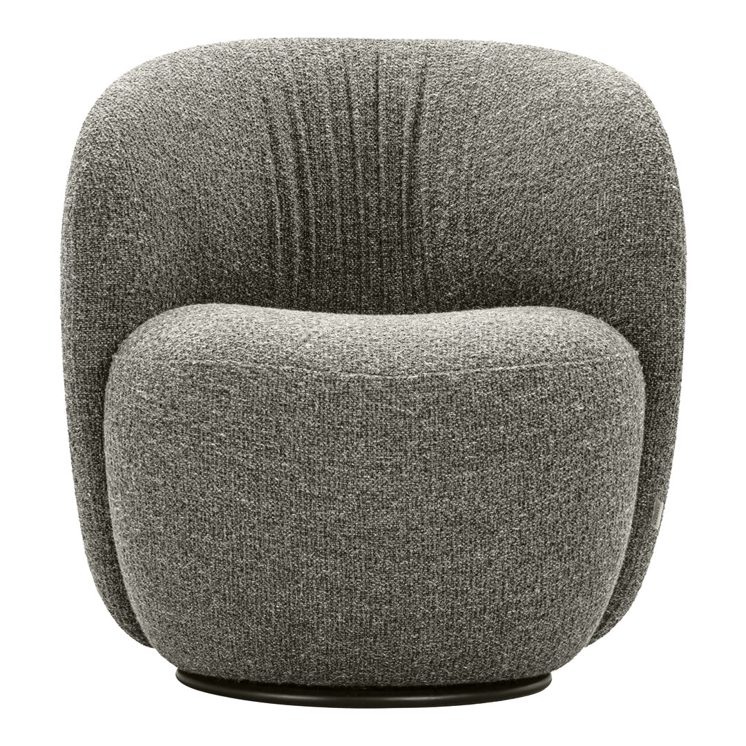 Gray textured armchair with a rounded design and subtle vertical pleats for added dimension. Ideal for modern decor.