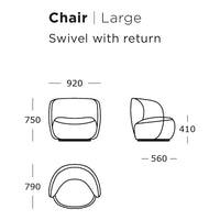 Large swivel chair design featuring smooth curves and a modern silhouette in a neutral color palette.