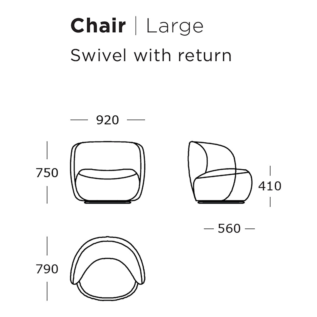 Large swivel chair design featuring smooth curves and a modern silhouette in a neutral color palette.