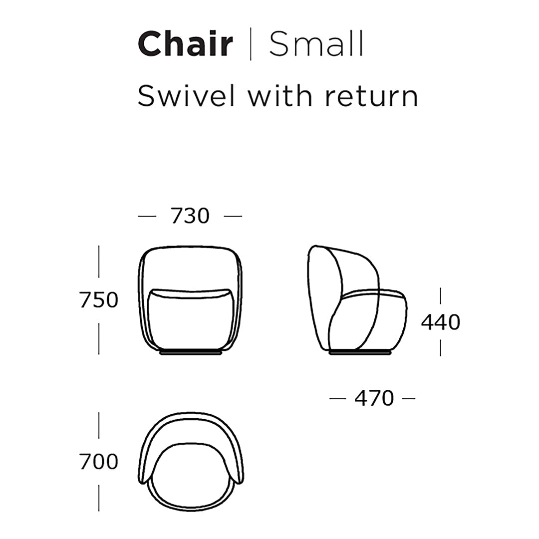 Minimalist small swivel chair design with smooth curves and clean lines, featuring a modern aesthetic.