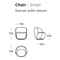 Minimalist small swivel chair design with smooth curves and clean lines, featuring a modern aesthetic.