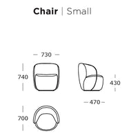 Stylish small chair with smooth curves, available in vibrant colors and unique modern patterns.
