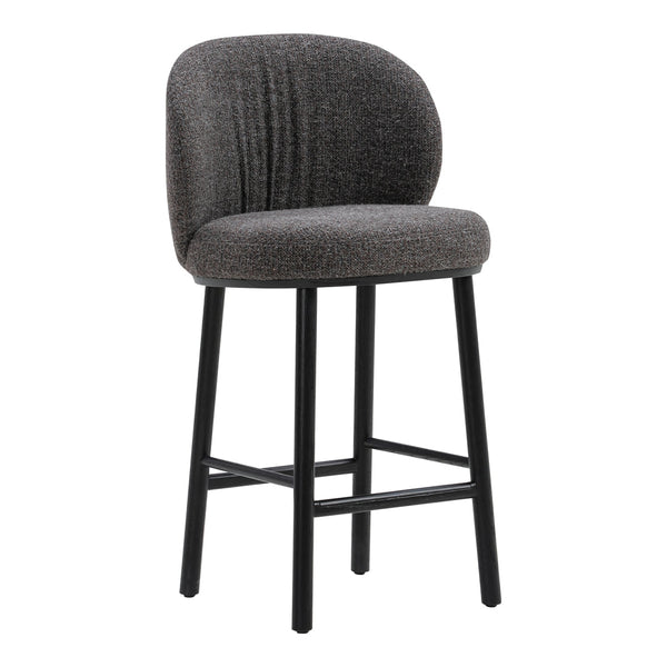 Gray upholstered bar stool with a curved back and black wooden legs, featuring subtle textured patterns.