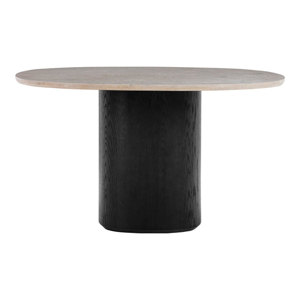 Round dining table with a light gray top and a textured black cylindrical base, showcasing a modern minimalist design.