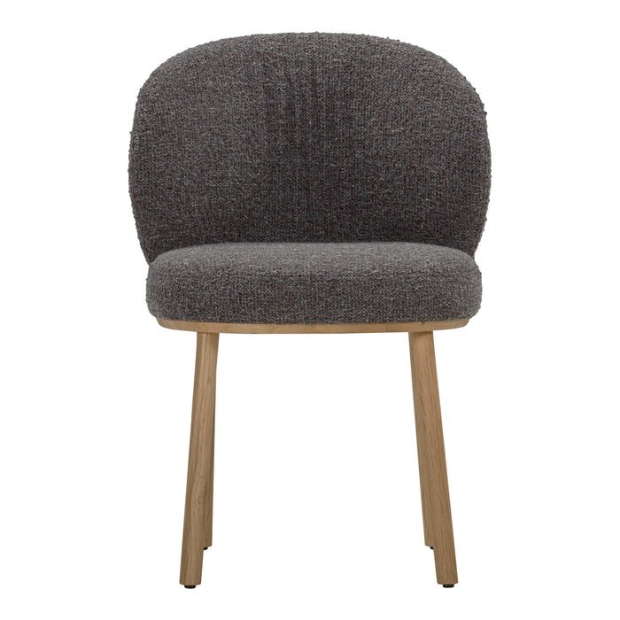Gray textured upholstery chair with wooden legs, featuring a soft, rounded design for modern interiors.