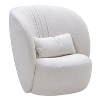 White upholstered chair with subtle vertical ribbed pattern and a plush, matching pillow for added comfort.