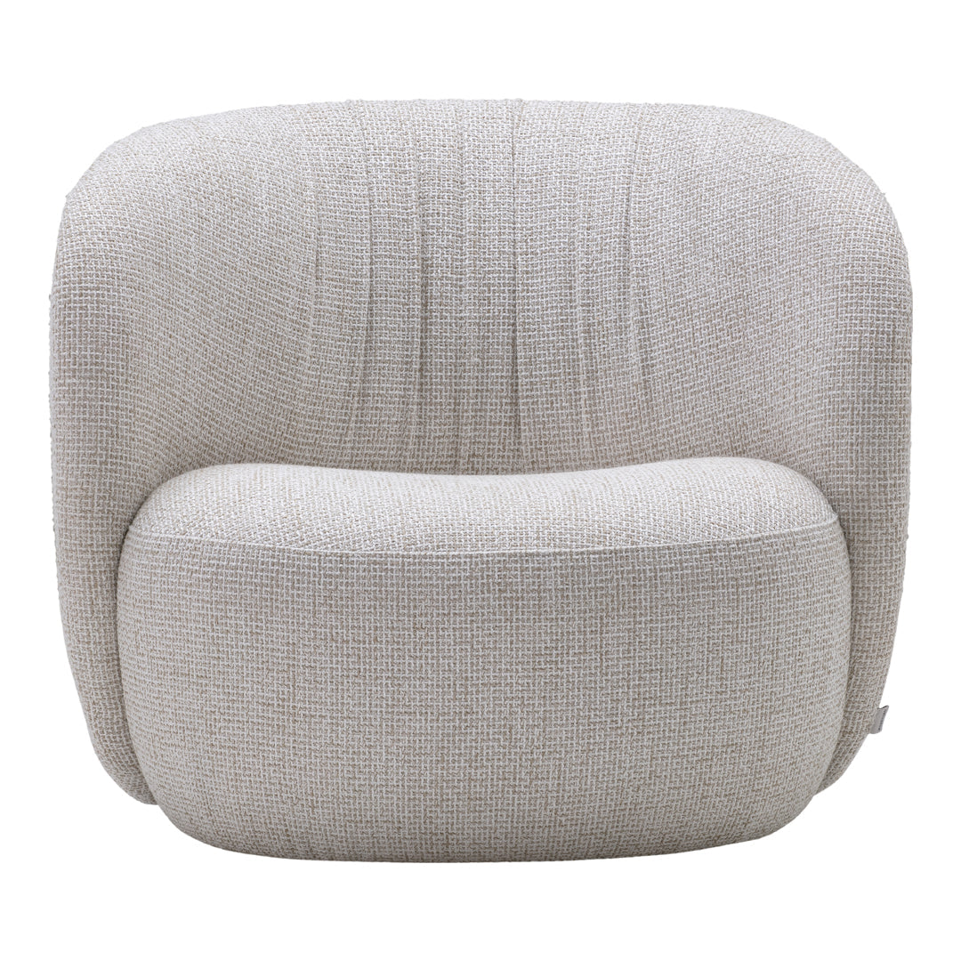 Gray textured chair with subtle vertical stripes, featuring a soft, rounded silhouette for modern decor.