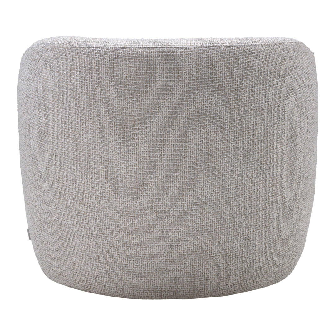 Soft gray upholstered pouf with a textured pattern, perfect for modern living spaces.