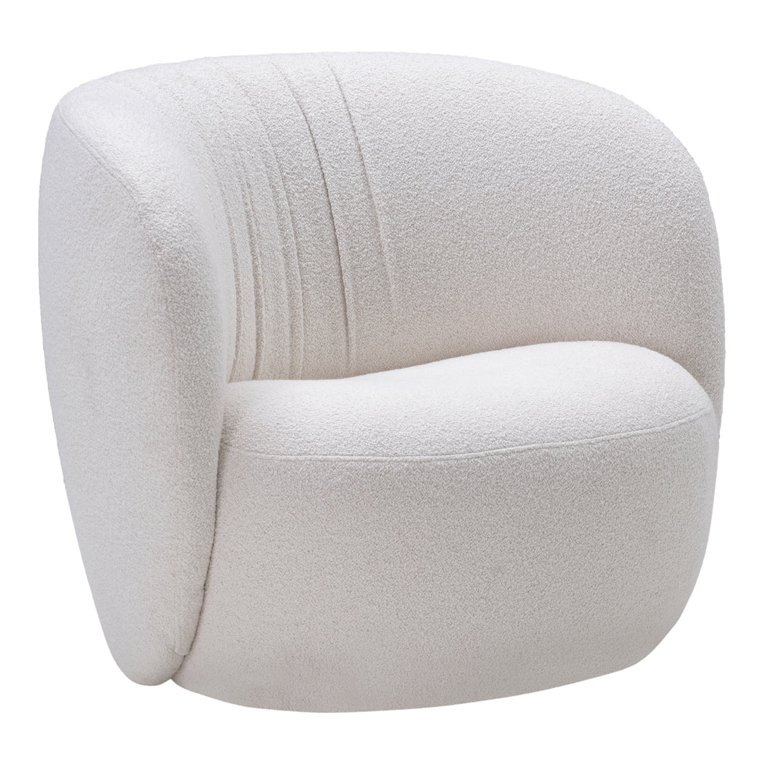 Curved white accent chair with a textured surface and subtle horizontal stripes, perfect for modern decor.