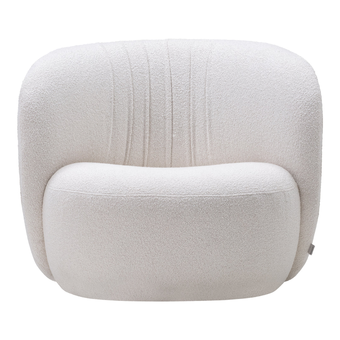 Soft white boucle chair with subtle textured lines and a minimalist, modern design. Ideal for contemporary spaces.