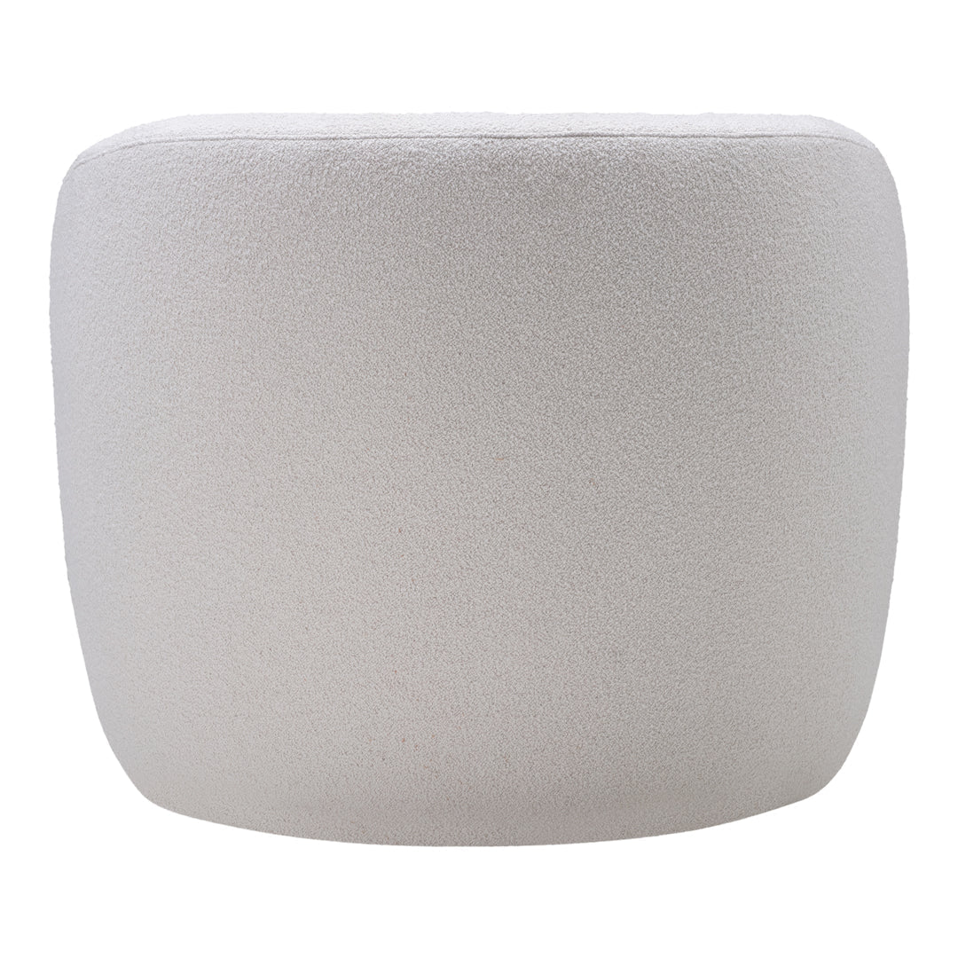 Round, textured pouf in soft white hue with a minimalist design, perfect for modern decor.