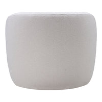 Round, textured pouf in soft white hue with a minimalist design, perfect for modern decor.