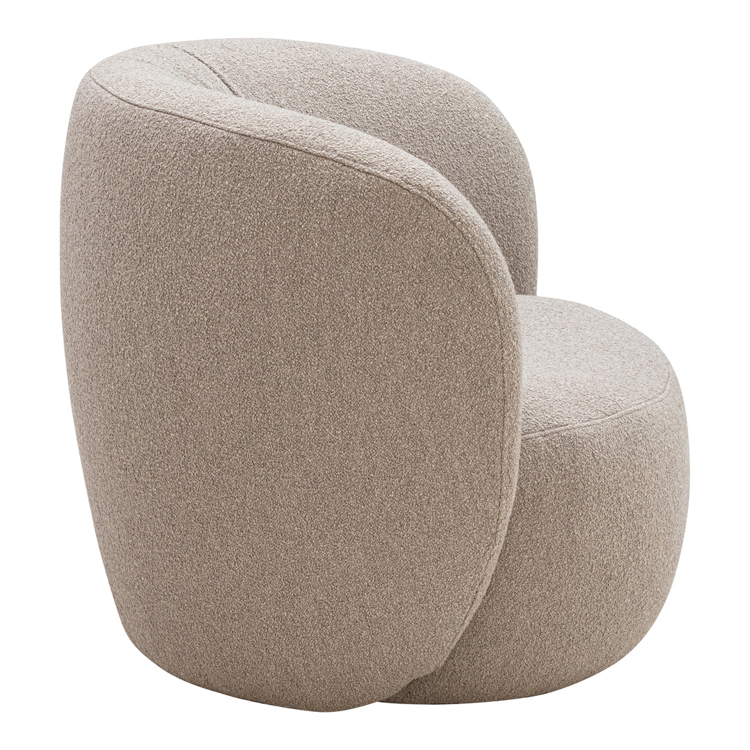 Beige boucle accent chair with a smooth, rounded shape and subtle texture, perfect for modern decor.
