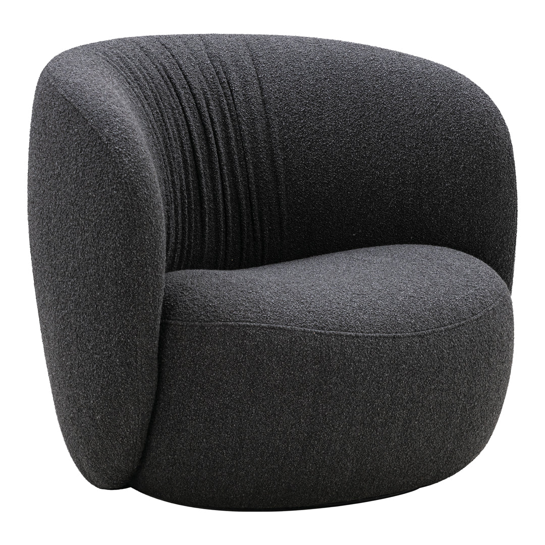 Contemporary gray upholstered chair with subtle textured pattern and curved design. Perfect for modern interiors.