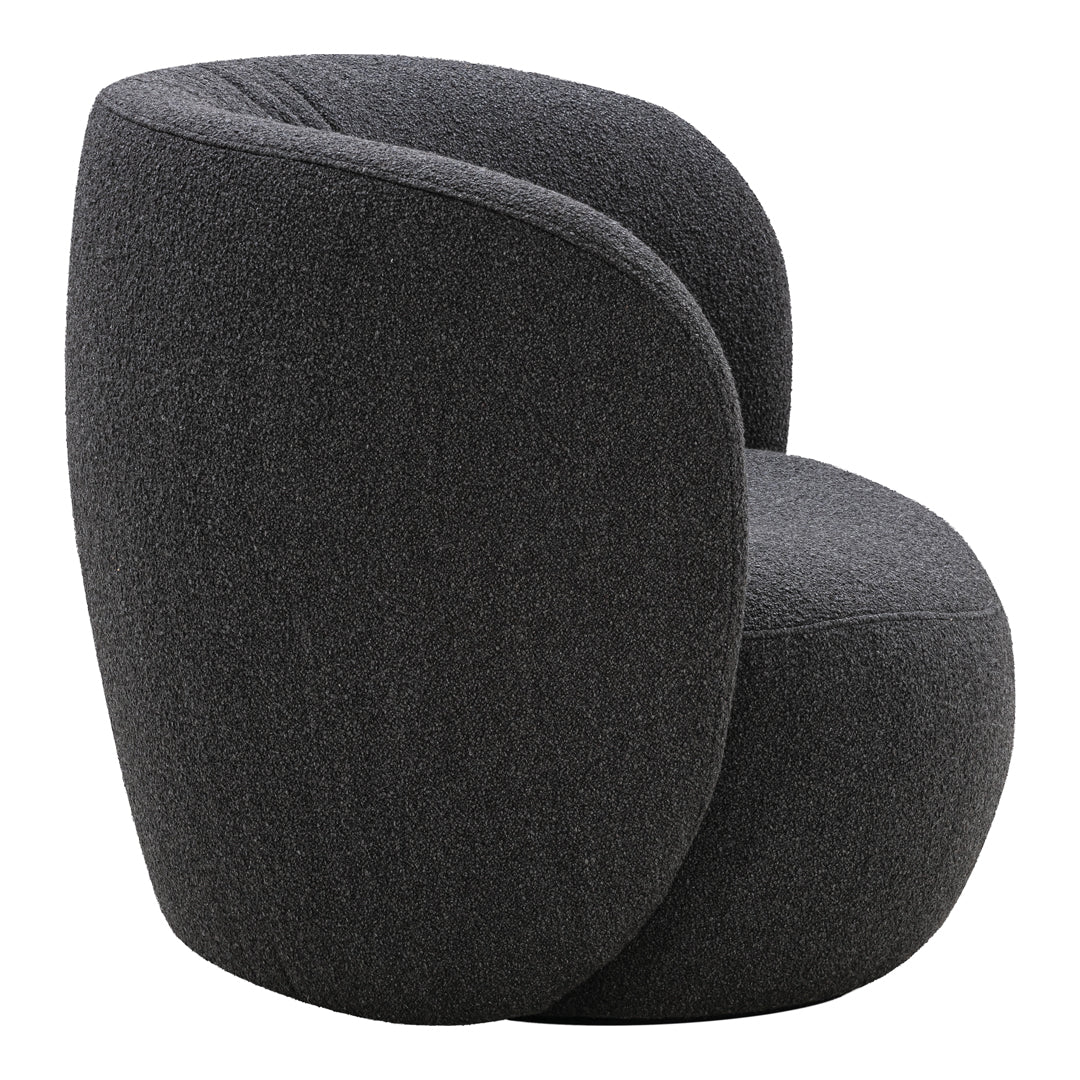 Curved gray upholstered chair in a modern, minimalist design with a soft textured fabric. Perfect for contemporary decor.