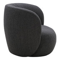 Curved gray upholstered chair in a modern, minimalist design with a soft textured fabric. Perfect for contemporary decor.