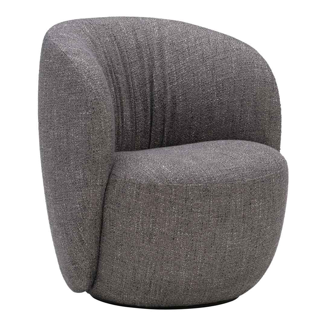 Gray upholstered chair with a modern curved design and subtle textured pattern. Perfect for contemporary interiors.