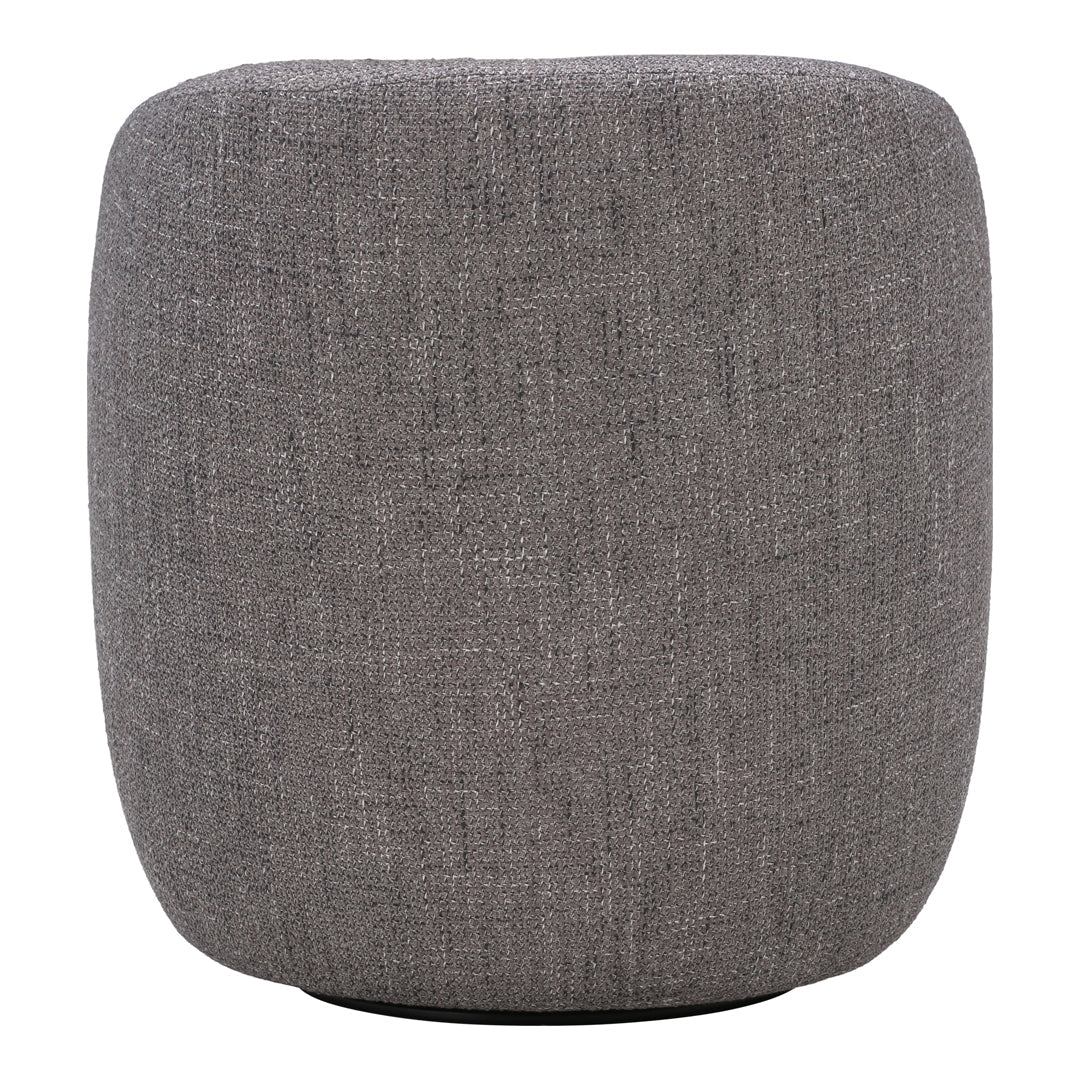 Round gray pouf with a subtle textured pattern, perfect for modern home decor.