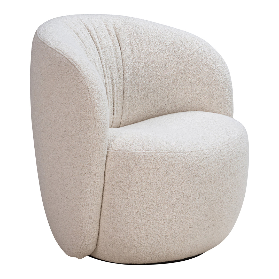 Cream-colored accent chair with a soft, textured finish and clean, minimalist curves. Ideal for modern decor.