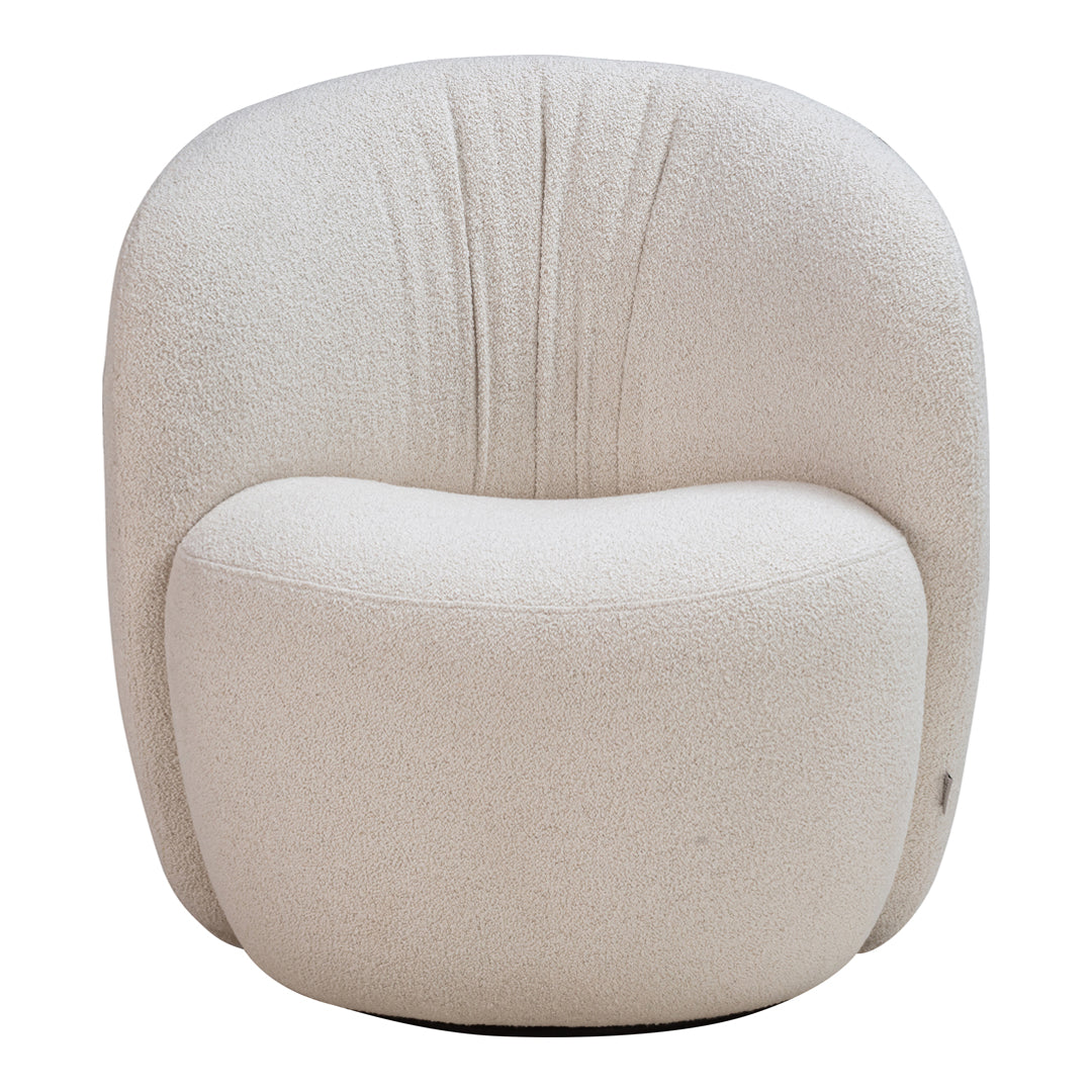 Cream-colored accent chair with a plush, textured surface and subtle vertical pleats. Modern and stylish design.