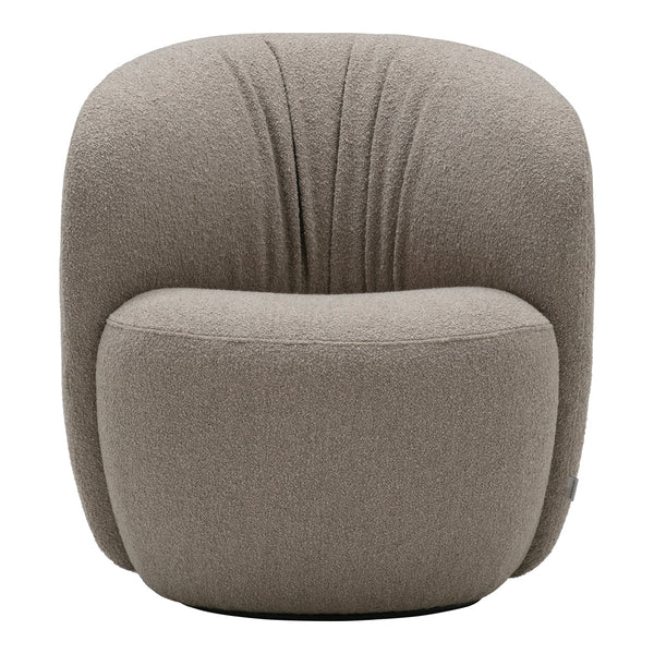 Beige textured armchair with soft, rounded shape and subtle vertical stitching pattern. Perfect for modern decor.