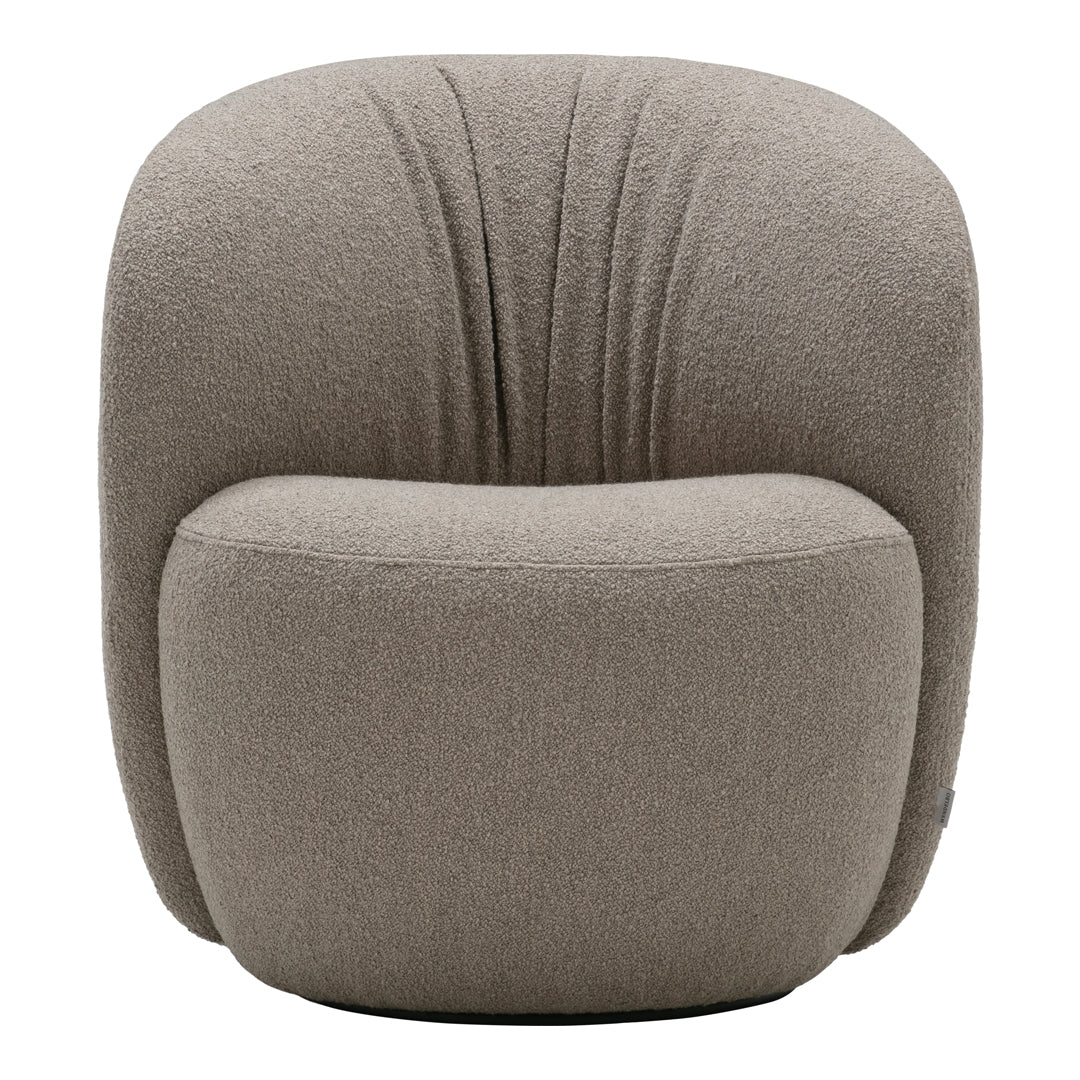 Beige textured armchair with soft, rounded shape and subtle vertical stitching pattern. Perfect for modern decor.