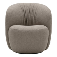 Beige textured armchair with soft, rounded shape and subtle vertical stitching pattern. Perfect for modern decor.
