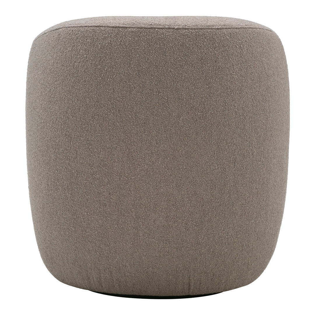 Textured, round pouf in a warm gray color, featuring a smooth, soft fabric finish. Ideal for modern decor.